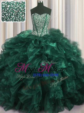 Eye-catching Visible Boning Bling-bling Turquoise Sweetheart Neckline Beading and Ruffles Quinceanera Gown Sleeveless Lace Up