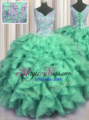 Fine V Neck Turquoise Ball Gowns V-neck Sleeveless Organza Floor Length Lace Up Beading and Ruffles Quince Ball Gowns