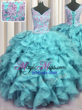 Eye-catching Ruffled V Neck Aqua Blue Ball Gowns Appliques and Ruffles Sweet 16 Dresses Lace Up Organza Sleeveless Floor Length