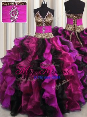 Shining Leopard V Neck Sleeveless Beading and Ruffles Lace Up Ball Gown Prom Dress
