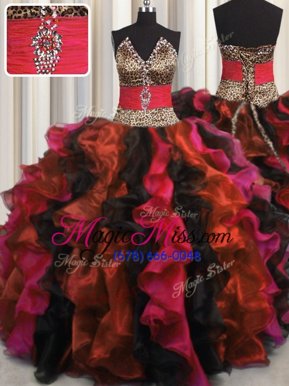 Glorious Leopard V Neck Multi-color Lace Up V-neck Beading and Ruffles Quince Ball Gowns Organza Sleeveless