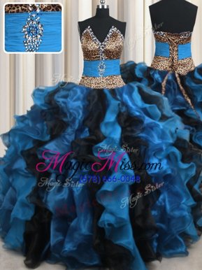 Beauteous Leopard Two Tone V Neck Blue And Black Sleeveless Organza and Printed Lace Up 15th Birthday Dress for Military Ball and Sweet 16 and Quinceanera