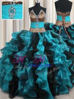 Superior Leopard Two Tone V Neck Multi-color Sleeveless Beading and Ruffles Floor Length 15 Quinceanera Dress