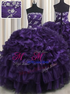 Amazing Floor Length Lace Up Ball Gown Prom Dress Purple and In for Military Ball and Sweet 16 and Quinceanera with Appliques and Ruffles and Ruffled Layers