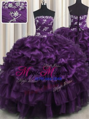 Best Organza Sleeveless Floor Length Quince Ball Gowns and Appliques and Ruffles and Ruffled Layers