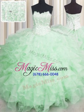 Fabulous Scalloped Visible Boning Floor Length Apple Green Ball Gown Prom Dress Organza Sleeveless Beading and Ruffles