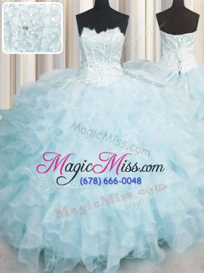 Sexy Scalloped Floor Length Lace Up Quinceanera Gown Baby Blue and In for Military Ball and Sweet 16 and Quinceanera with Ruffles