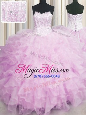 Fancy Visible Boning Scalloped Lilac Lace Up Quinceanera Gowns Beading and Ruffles Sleeveless Floor Length