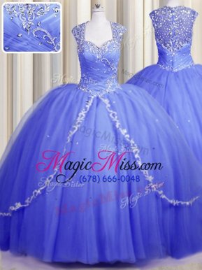 Spectacular Zipper Up Tulle Sweetheart Cap Sleeves Brush Train Zipper Beading and Appliques Quinceanera Dresses in Lavender