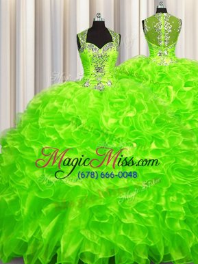 Pick Ups Zipper Up See Through Back Sleeveless Brush Train Beading Zipper Vestidos de Quinceanera