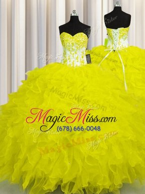 Fantastic Ball Gowns Quinceanera Dress Yellow Sweetheart Organza Sleeveless Floor Length Lace Up