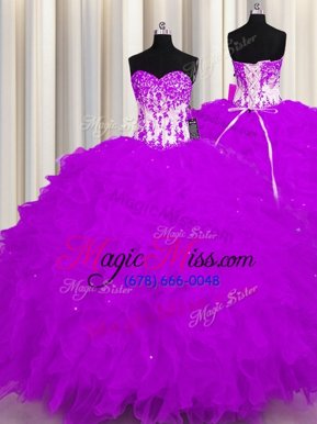 Affordable Purple Organza Lace Up Sweetheart Sleeveless Floor Length Quinceanera Dresses Appliques and Ruffles