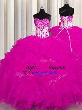 Stylish Sweetheart Sleeveless Lace Up Sweet 16 Quinceanera Dress Fuchsia Organza