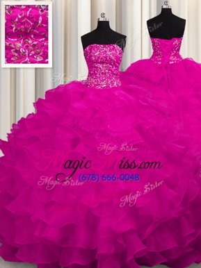 Customized Sweep Train Fuchsia Ball Gowns Beading and Ruffles Sweet 16 Dress Lace Up Organza Sleeveless With Train