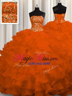 Pretty Rust Red Ball Gowns Strapless Sleeveless Organza Sweep Train Lace Up Beading and Ruffles Sweet 16 Quinceanera Dress