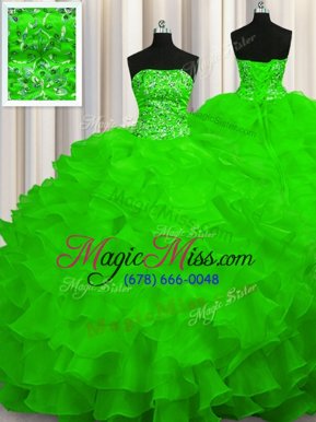 Delicate Strapless Sleeveless Organza 15th Birthday Dress Beading and Ruffles Sweep Train Lace Up