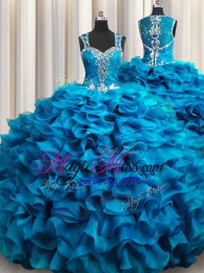 Deluxe Zipple Up See Through Back Sleeveless Floor Length Beading and Ruffles Zipper Sweet 16 Dresses with Baby Blue