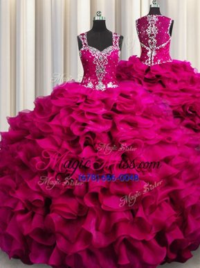 Cute Zipple Up See Through Back Sleeveless Organza Floor Length Zipper Vestidos de Quinceanera in Fuchsia for with Beading and Ruffles