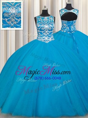 Best Scoop Floor Length Ball Gowns Sleeveless Aqua Blue Ball Gown Prom Dress Lace Up