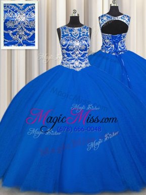 Stylish Royal Blue Scoop Lace Up Beading Quinceanera Dress Sleeveless