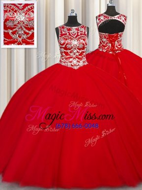 Romantic Scoop Red Ball Gowns Beading Quinceanera Gown Lace Up Tulle Sleeveless Floor Length