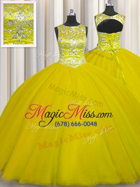 Shining Scoop Sleeveless Tulle Floor Length Lace Up Sweet 16 Dresses in Gold for with Beading