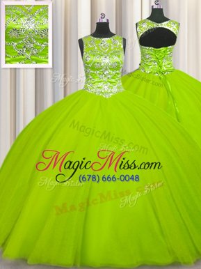 Suitable Scoop Floor Length Lace Up Quinceanera Gown Yellow Green and In for Military Ball and Sweet 16 and Quinceanera with Beading