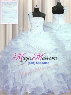 Smart Light Blue Organza Zipper One Shoulder Sleeveless Floor Length Quinceanera Gowns Beading and Ruffles