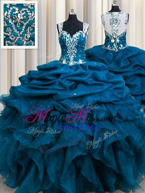 Fashion Zipple Up See Through Back Teal Quinceanera Dresses Military Ball and Sweet 16 and Quinceanera and For with Beading and Ruffles and Sequins and Pick Ups Straps Sleeveless Zipper