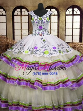 Gorgeous V-neck Sleeveless Quinceanera Gown Floor Length Embroidery and Ruffled Layers Multi-color Organza