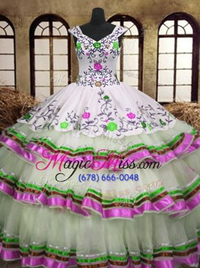 Custom Design Multi-color A-line Embroidery and Ruffled Layers 15th Birthday Dress Lace Up Organza Sleeveless Floor Length