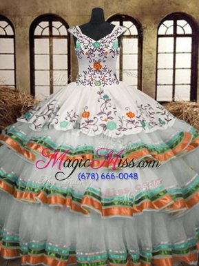 Attractive Multi-color Sleeveless Floor Length Embroidery and Ruffled Layers Lace Up Quinceanera Gowns