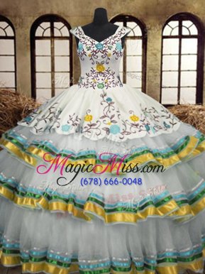 Ideal Multi-color A-line Organza V-neck Sleeveless Embroidery and Ruffled Layers Floor Length Lace Up Ball Gown Prom Dress