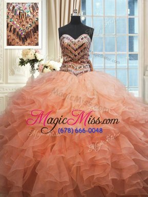 On Sale Beaded Bodice Peach Sweetheart Lace Up Beading and Ruffles Quinceanera Gown Sleeveless