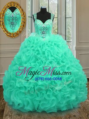 Apple Green Ball Gowns Organza Straps Sleeveless Beading and Ruffles Floor Length Zipper Quinceanera Dresses