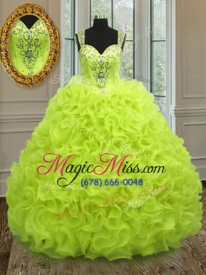 Traditional Straps Sleeveless Quinceanera Gown Floor Length Beading and Ruffles Yellow Green Organza