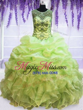 Admirable Yellow Green Organza Lace Up Scoop Sleeveless Floor Length 15th Birthday Dress Beading and Pick Ups