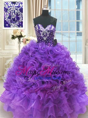 Customized Floor Length Lace Up Sweet 16 Quinceanera Dress Purple and In for Military Ball and Sweet 16 and Quinceanera with Beading and Ruffles