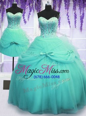 Fine Three Piece Tulle Sweetheart Sleeveless Lace Up Beading and Bowknot Quinceanera Dress in Aqua Blue