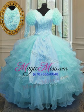 Eye-catching Ruffled V-neck Long Sleeves Zipper Quince Ball Gowns Blue Organza