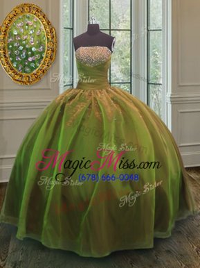 Deluxe Floor Length Olive Green Quinceanera Gowns Organza and Taffeta Sleeveless Sequins