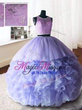 Fantastic Brush Train Ball Gowns Quinceanera Gown Lavender Scoop Organza and Tulle and Lace Sleeveless With Train Zipper