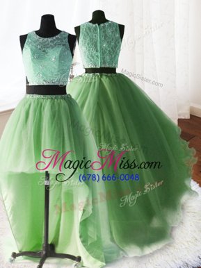 Beautiful Three Piece Scoop Yellow Green Sleeveless Organza and Tulle and Lace Brush Train Zipper Vestidos de Quinceanera for Military Ball and Sweet 16 and Quinceanera