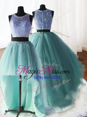 Custom Designed Three Piece Scoop Lace Sleeveless With Train Beading and Ruffles Zipper Vestidos de Quinceanera with Apple Green Brush Train