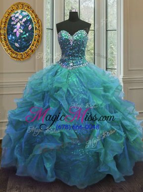 Best Sleeveless Organza Floor Length Lace Up Quinceanera Dresses in Blue for with Beading and Ruffles