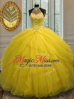Sexy Yellow Green Quince Ball Gowns Military Ball and Sweet 16 and Quinceanera and For with Beading Halter Top Sleeveless Lace Up