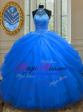 Unique Halter Top Royal Blue Sleeveless Tulle Lace Up Quinceanera Gowns for Military Ball and Sweet 16 and Quinceanera