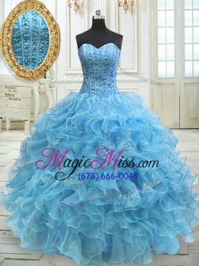 Sophisticated Baby Blue Sweetheart Lace Up Beading and Ruffles Quince Ball Gowns Sleeveless