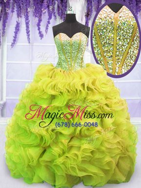 Smart Yellow Green Ball Gowns Organza Sweetheart Sleeveless Beading and Ruffles Lace Up Sweet 16 Dress Sweep Train