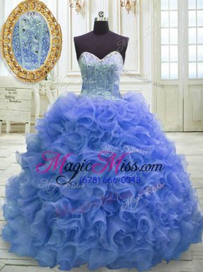 Captivating Blue Organza Lace Up Sweetheart Sleeveless Sweet 16 Quinceanera Dress Sweep Train Beading and Ruffles